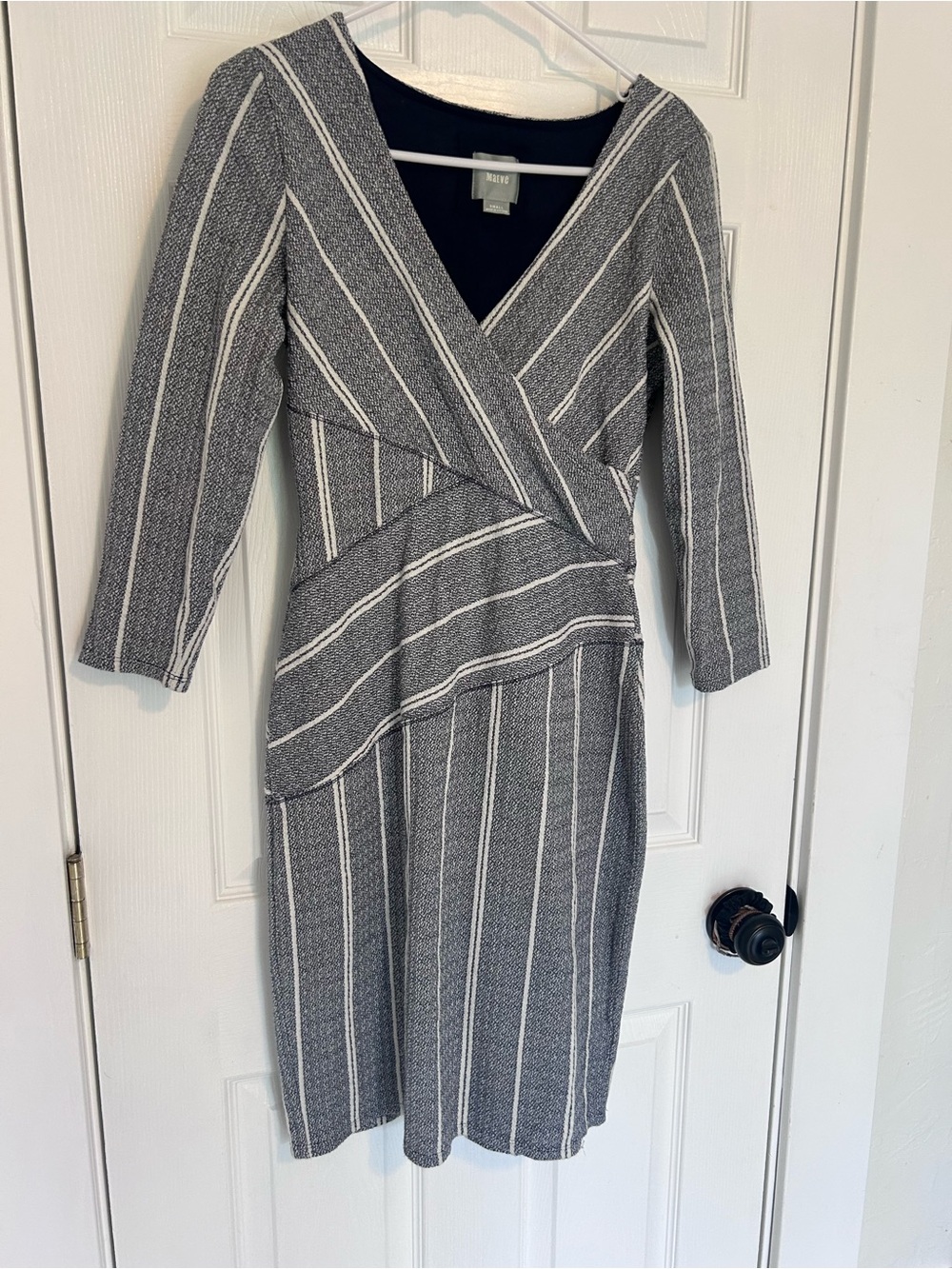 Maeve Gray and White Striped Wrap Dress